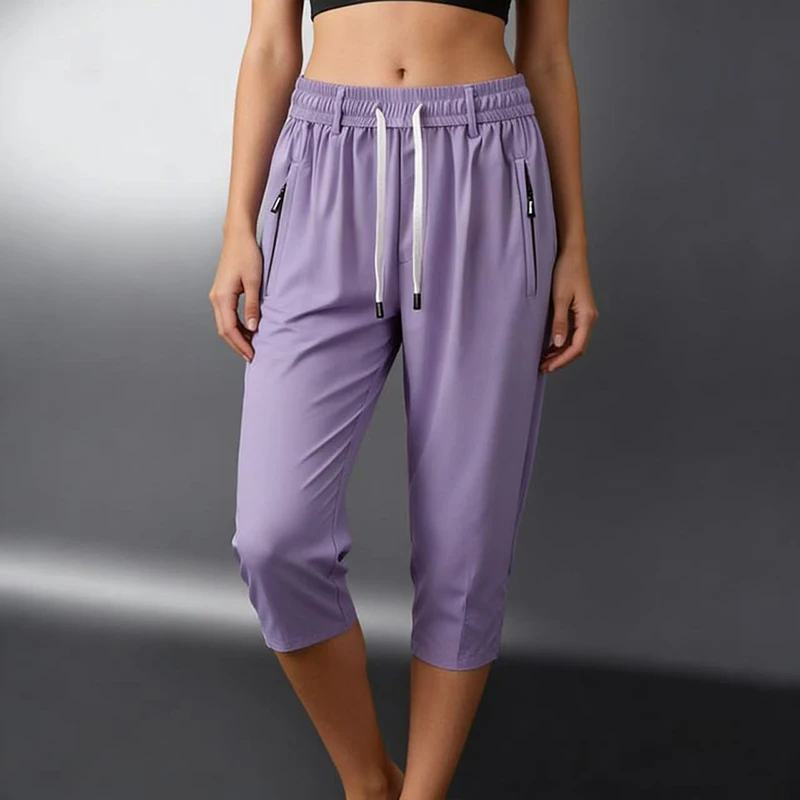 Women's Lightweight Athletic Cropped Pants with Drawstring, Zippered Pockets Summer Breathable Quick-Dry Fitness Jogger Trousers