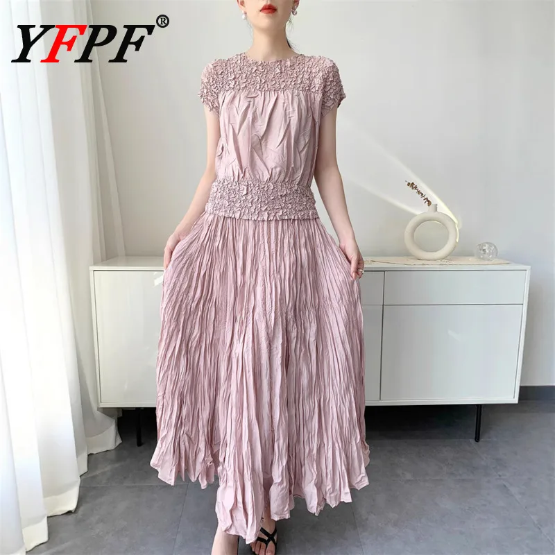 

YFPF Miyake Pleated Women 2 Piece Set Short Sleeve Tops + High Waist Folds A Line Long Skirt Elegant 2025 New Clothing 3A392