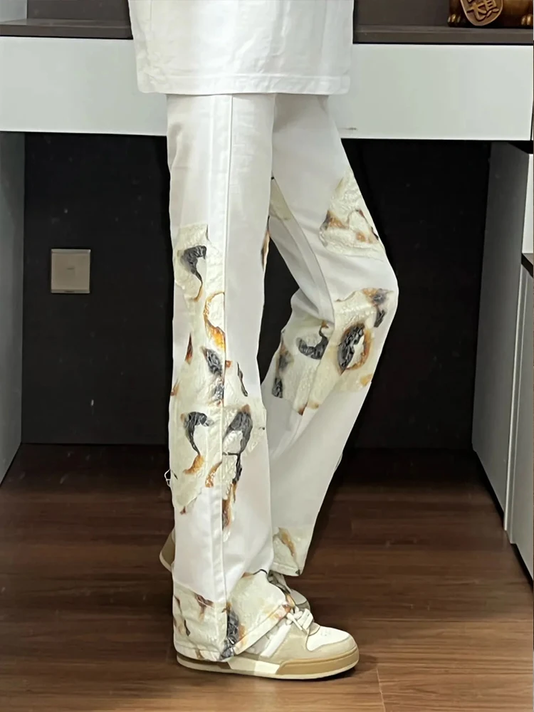 

Flame Embroidery Straight Leg Jeans Men's American High Street Sle White Trendy Brand Streetwear Bootcut Pants