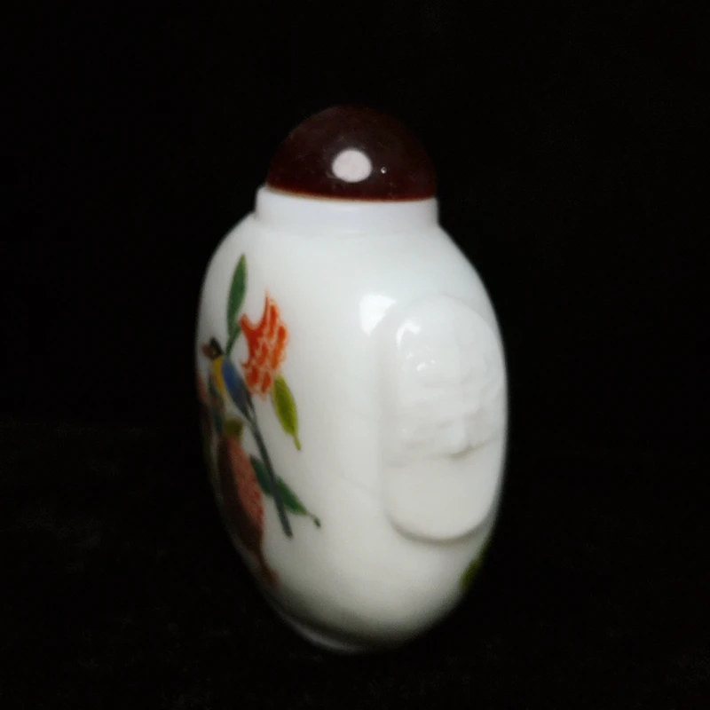 YIZHU CULTUER ART Size 3 inch China Old Beijing Glaze Carving Painting Pomegranate Bird Snuff Bottle