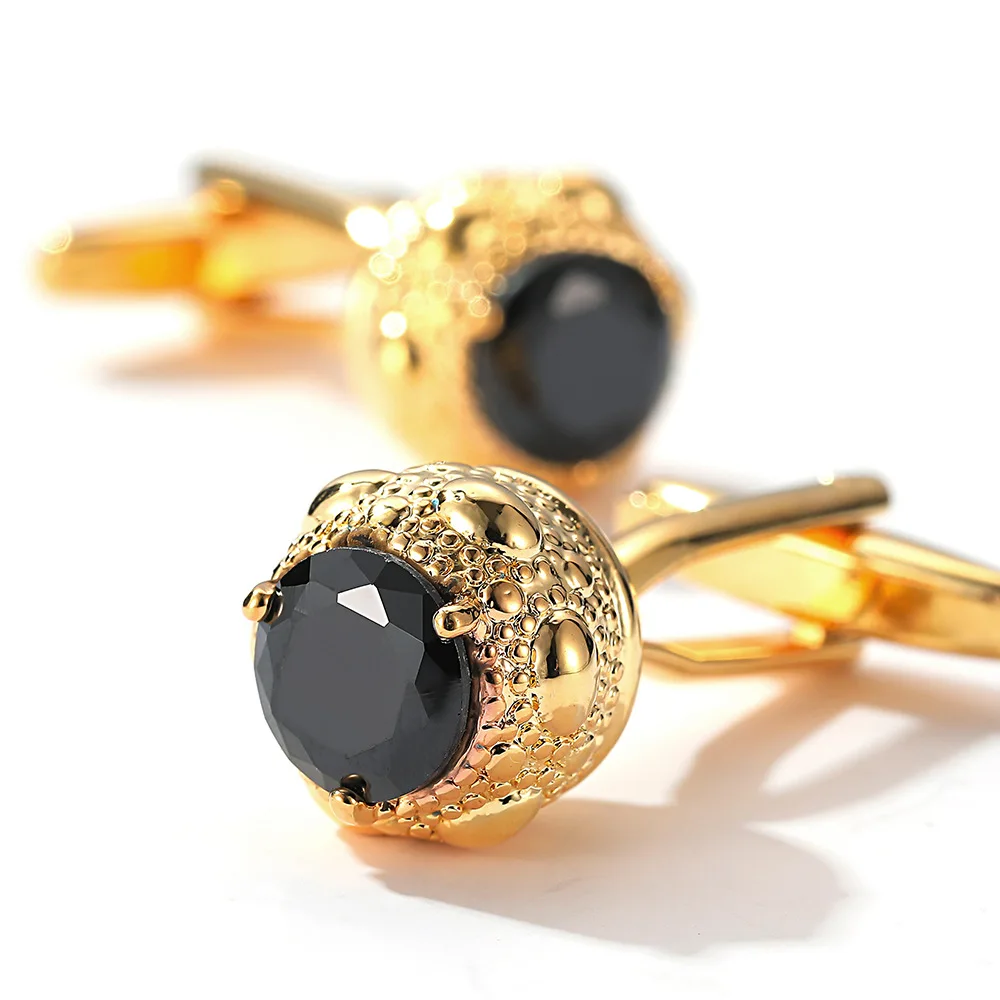 Men's Retro Textured Cufflinks Inlaid with Black Gemstones Gold Sleeve Studs Business Formal Banquet Suit Shirt Cuff Decoration