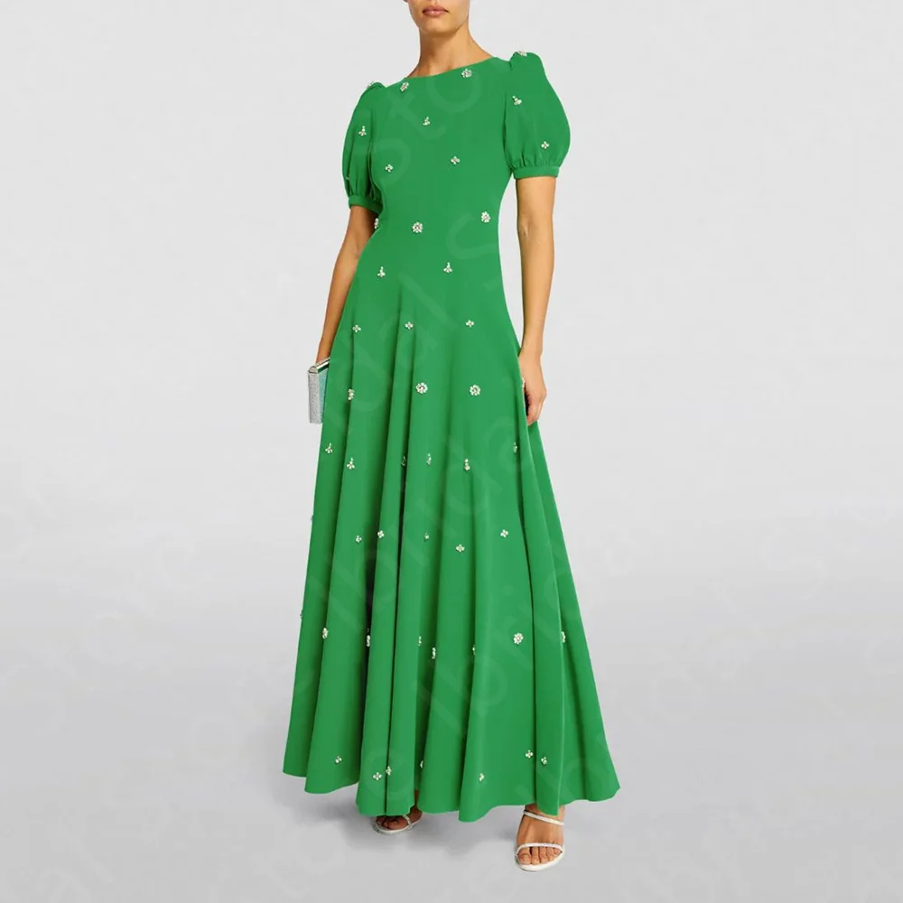 

Customized Luxury Green Evening Dresses 2025 Crystal Beaded Prom Gowns Short Sleeves Wedding Guest Dresses Round Neck On Sale