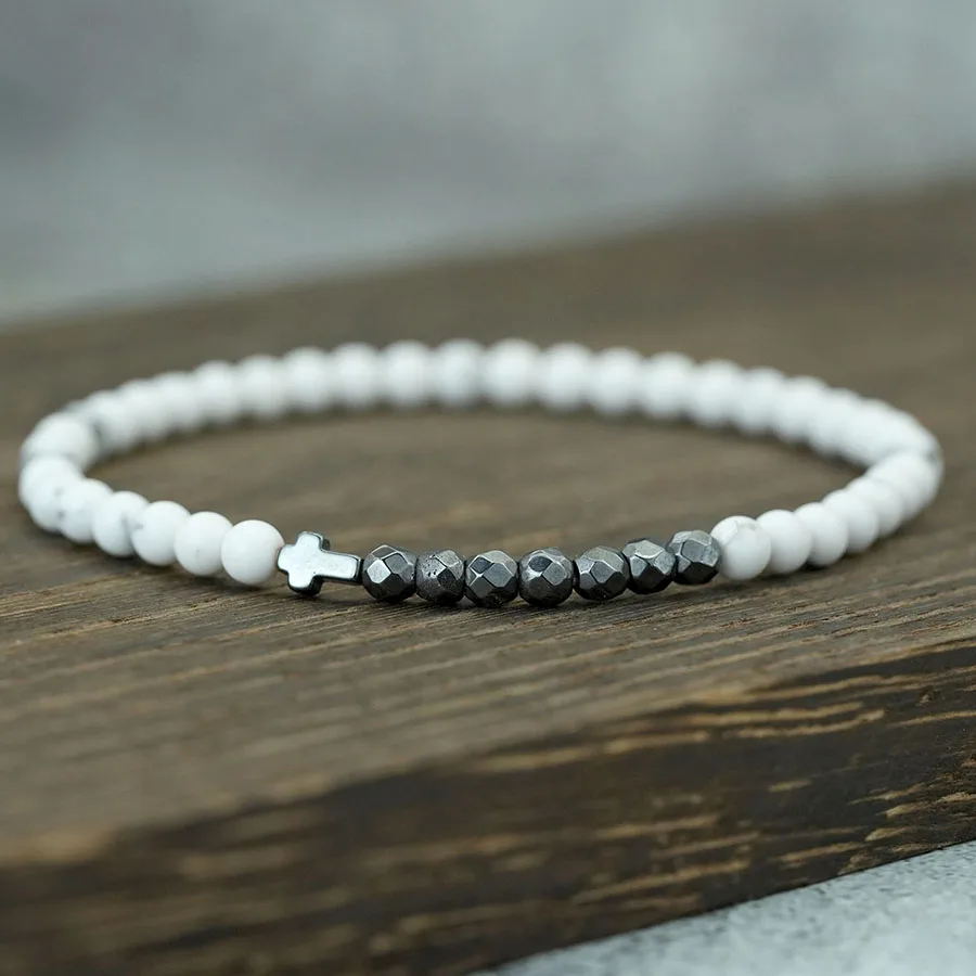 Minimalism 4mm Small Beads Bracelet Men Women Natural Hematite Turquoises Volcanic Cross Stone Pray Braclet Healing Couple Joias