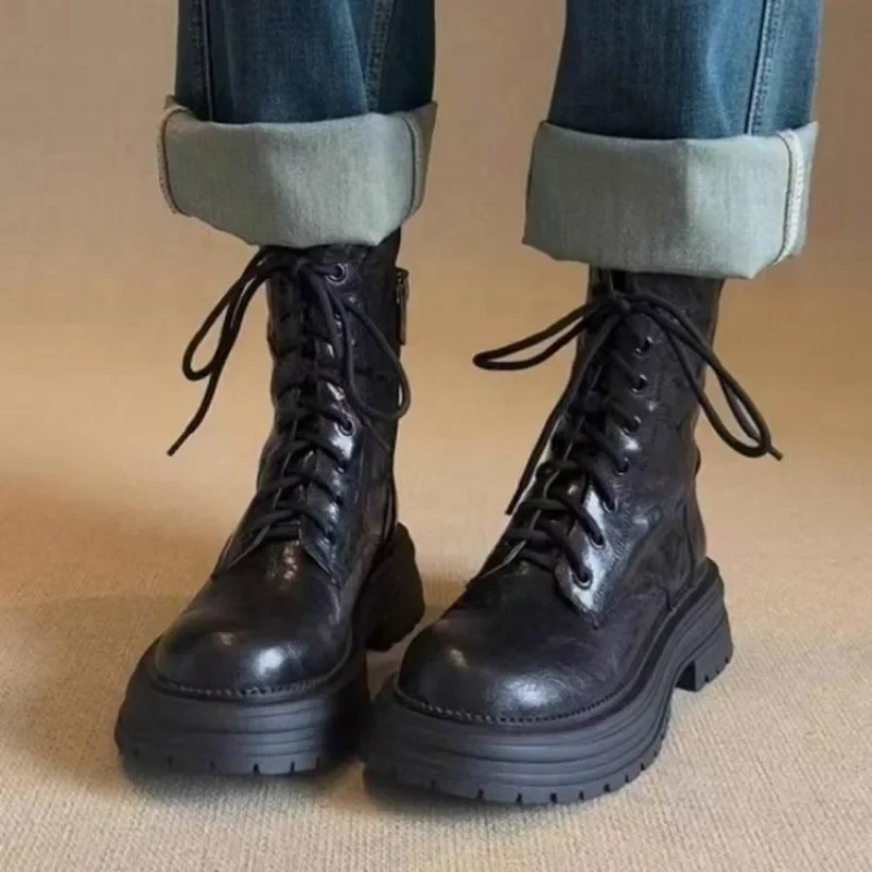 

Square Heel Shoes Autumn New Round Toe Front Lace-up Platform Anti-Slip Wear-Resistant Single Shoes