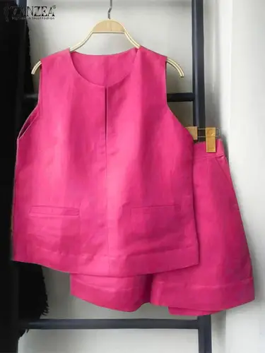 ZANZEA-chándal liso de 2 piezas para mujer, conjuntos cortos informales holgados sin mangas y pantalones cortos, trajes sexys a juego con bolsillos