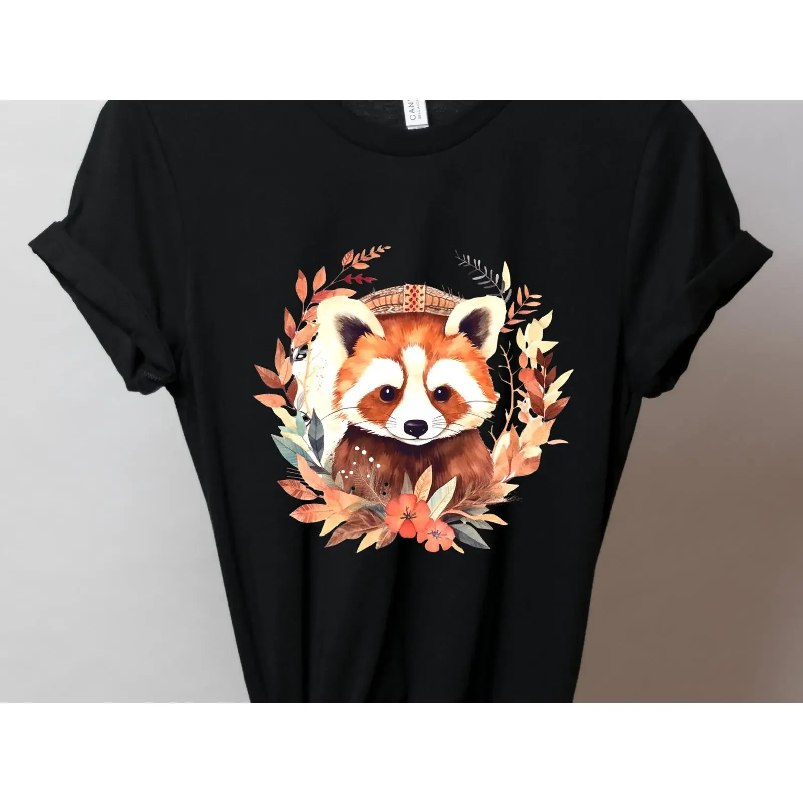 Cute Red Panda Boho T Shirt Watercolour Floral Wreath Trash Lover Bohemian Animal  vintage Washed Slightly streetwear Stretched