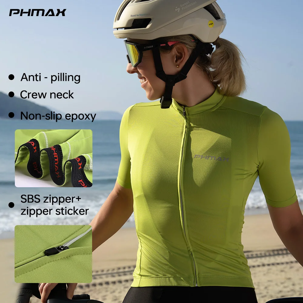 PHMAX Women's Pro Cycling Jersey Short Sleeve SPF50+ UV Protection Quick Dry Breathable Solid Color MTB Road Bike Top
