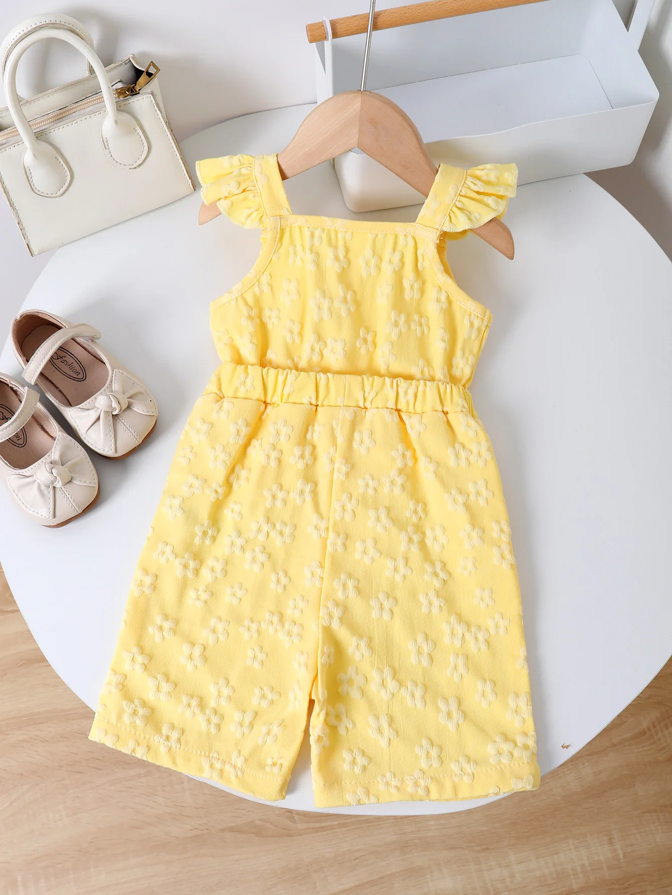 Yellow Square Collar Flying Sleeves For Baby Girls Foreign Style Jumpsuit Waist Waist Flower Big Butterfly Loose Cute Jumpsuit