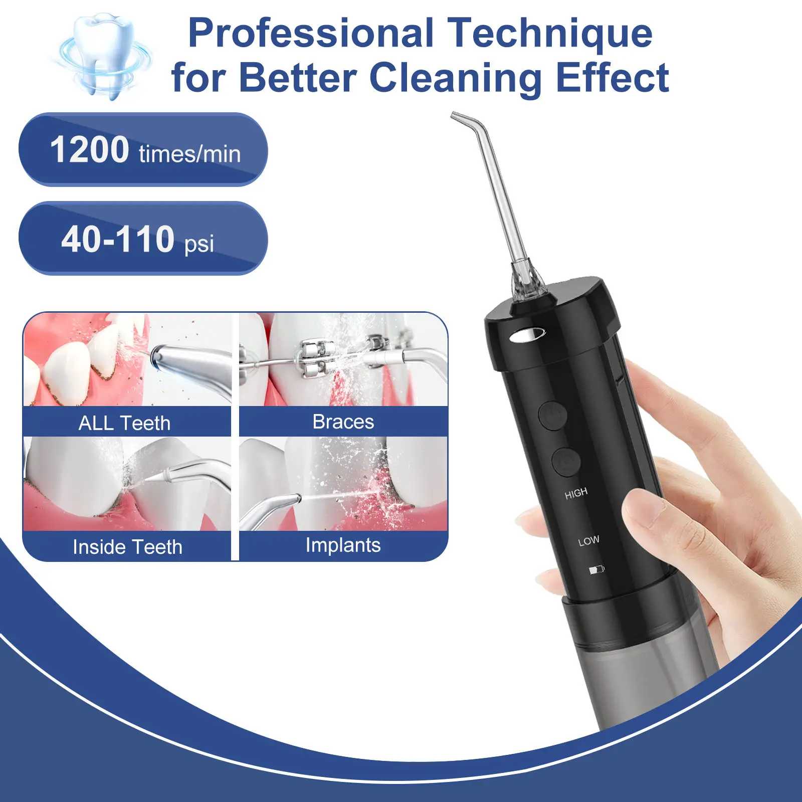 h2ofloss Portable Water Flosser Mini Dental Oral Irrigator Black Cordless for Teeth Oral Care-Braces Rechargeable & Waterproof