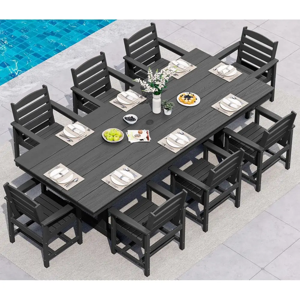 9 Piece Outdoor Dining Set, 84" HDPE Outdoor Table and Chairs or 8All Weather Patio urniture Set with Umbrella Hole or Backyard
