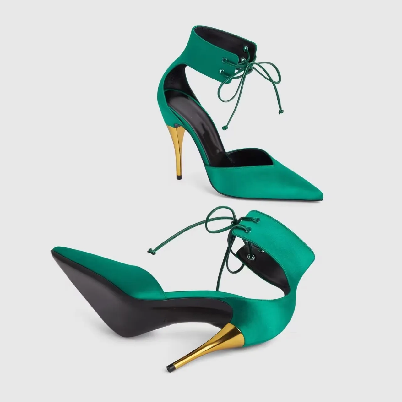 2025 Summer New Women's Wrap Toe Sandals Pointed Toe Gold Stiletto Classic Sexy Wrap Heel Strap Large Size Ladies Single Shoes