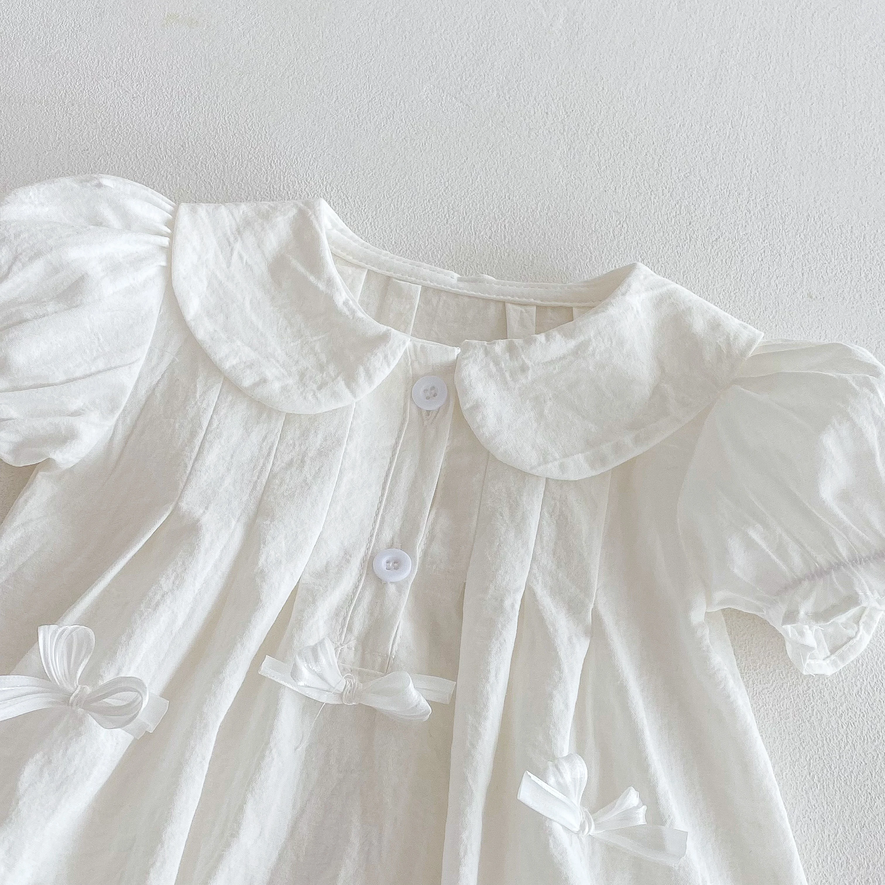 فستان صيفي للفتيات الصغيرات بأكمام قصيرة وطية صدر السترة مثلث من قطعة واحدة مع بدلة تسلق لطيفة على شكل فيونكة #6