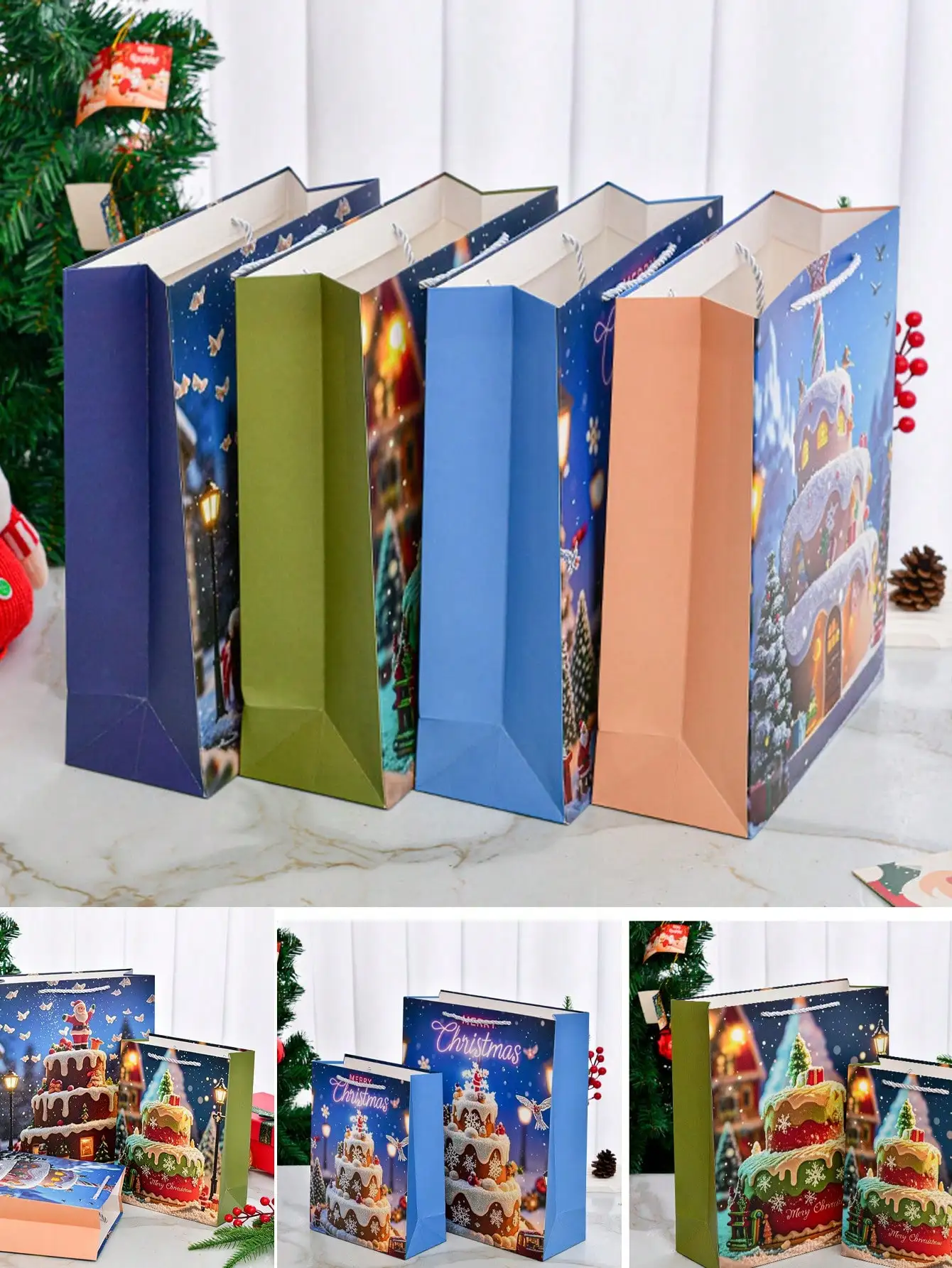 ถุงของขวัญกระดาษสุขสันต์วันคริสต์มาส 4 ชิ้น ลายซานต้าเกล็ดหิมะสำหรับห่อของขวัญงานปาร์ตี้