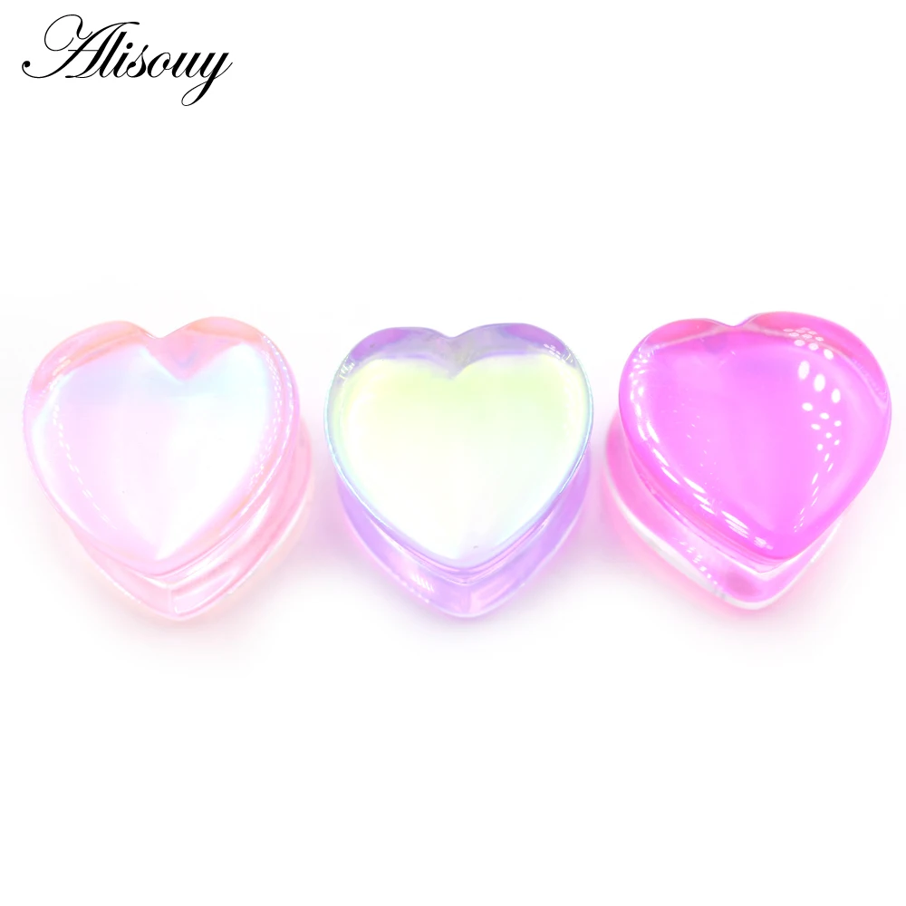 Alisouy 1PC Pink Purple Love Heart Transparent Glass Ear Tunnel Plugs Expanders Stretcher Gauges Earrings Piercing Body Jewelry