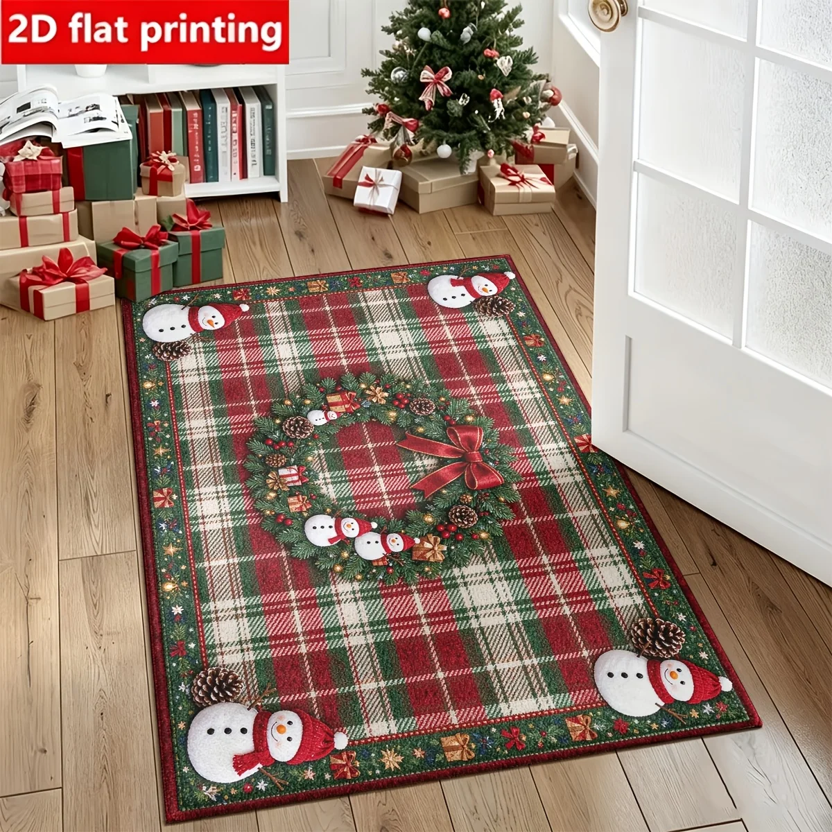 1pc 2D Flat Christmas Plaid Wreath Snowman Printed Floor Mat, Decorative Rug for Living Room, Bedroom, Home