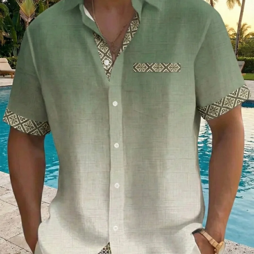 

Men's Ethnic Style Printed Hawaiian Shirt Short Sleeved Collar Button Outdoor Leisure Breathable Linen Blend Vacation Top