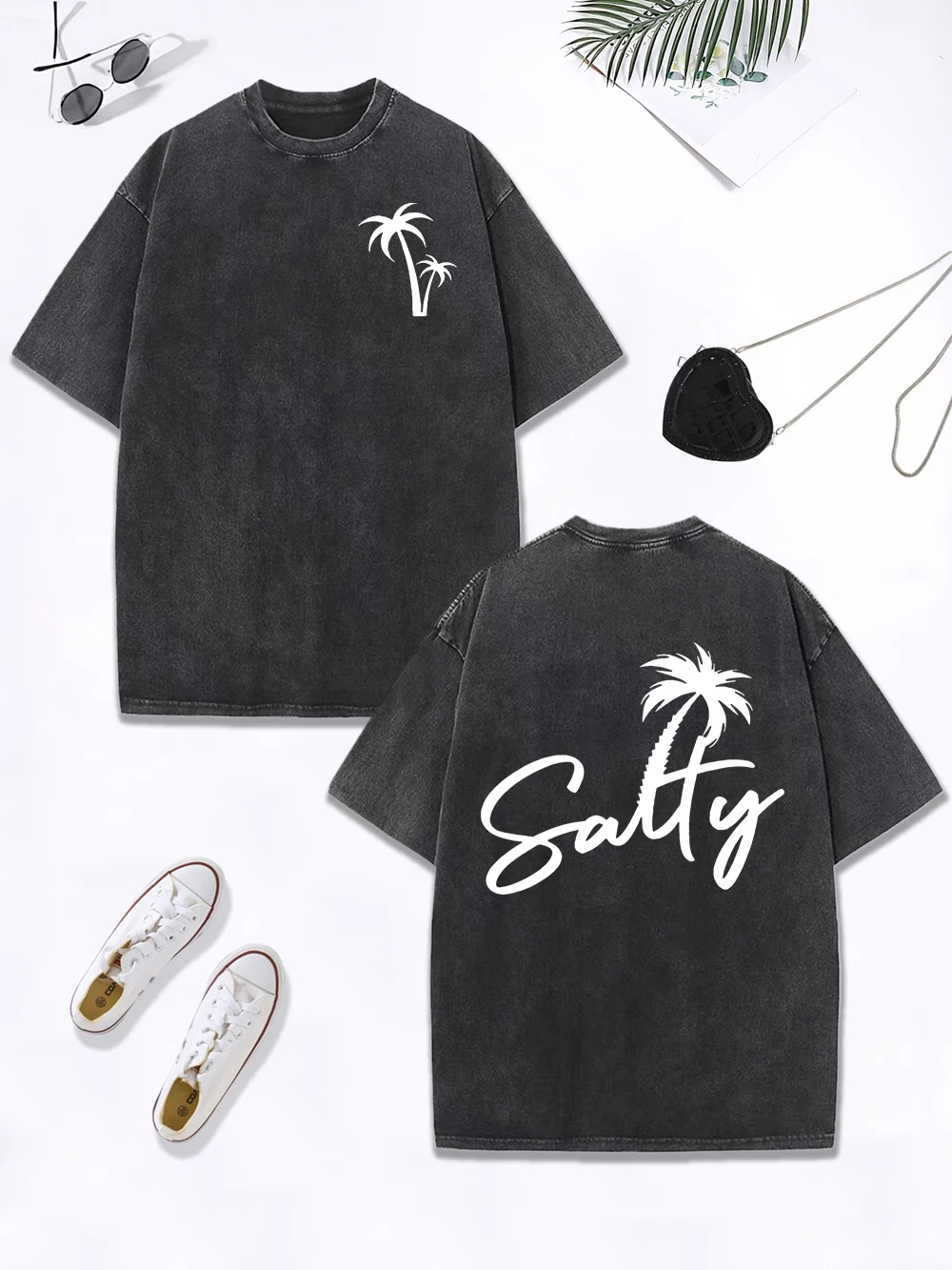 

Соленая кокосовая пальма, потертая футболка с буквенным принтом, женские хлопковые футболки большого размера, удобные топы с круглым вырезом, осенняя одежда