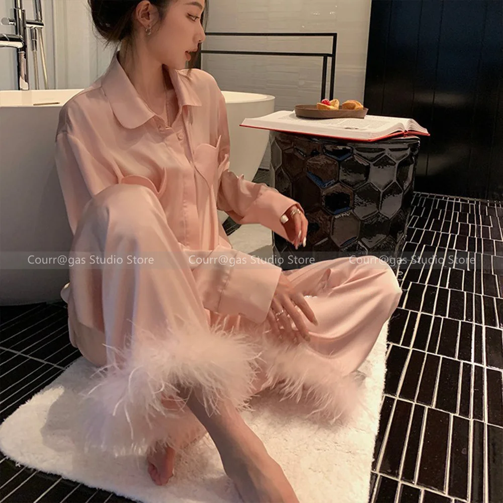 New removable ostrich feathers loose homewear pajamas set women 24 early autumn two-piece set