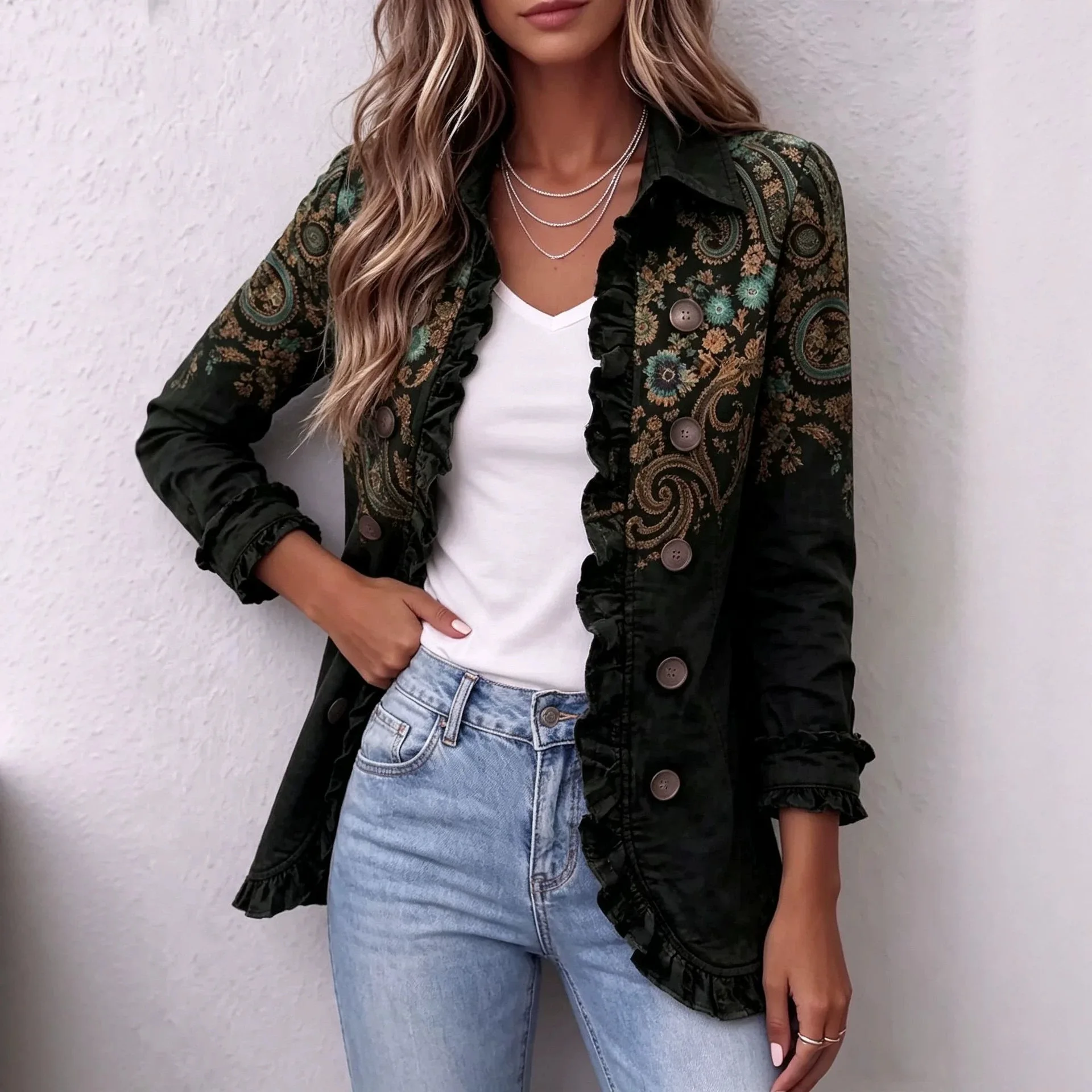 Jacket Women Full Sleeve Double Breasted Turn Down Collar Coats Slim Fit Autumn Casual Print Ruffles Jackets Y2k Streetwear 2026