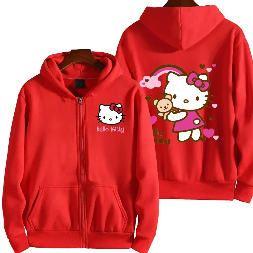 Women\'s Zipper Hoodie Autumn and Winter New Cute Kawaii Sanrio Hello Kitty Pattern Sweatshirt 2024 Streetwear Women\'s Clothing