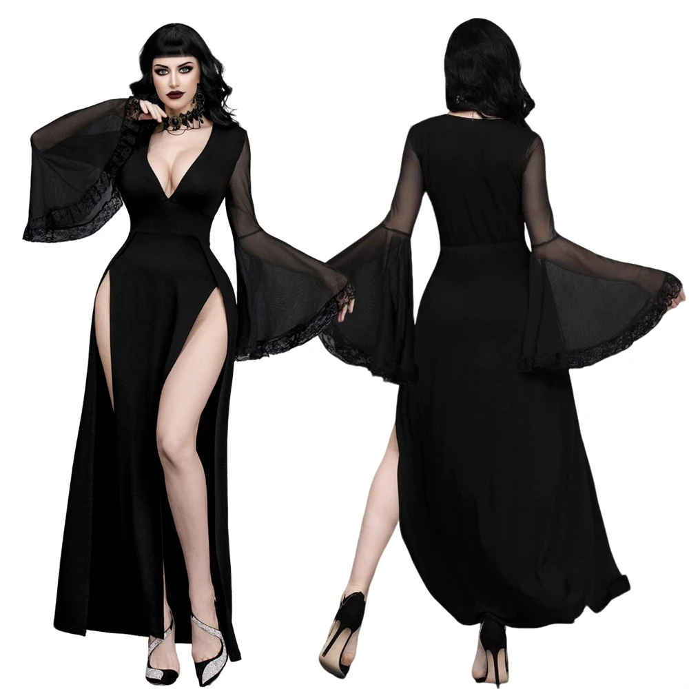 

Halloween Dark Gothic Vampire Cosplay Costume Women Sexy Lace Bodycon Dress Vintage Bat Sleeve Witch Uniform Masquerade Clothes