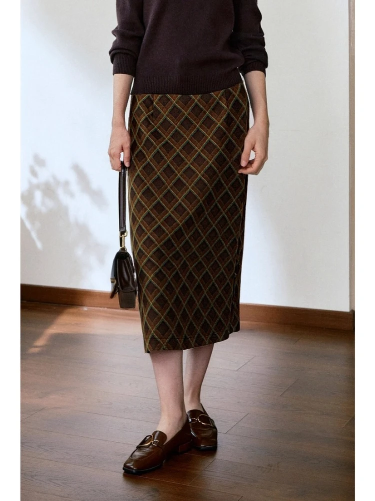 

OLrain Women's Plaid Skirts 2025 Autumn Winter High-waist Straight Skirt Vintage Elegant Knitted Skirt Lady Clothes O57DB001895