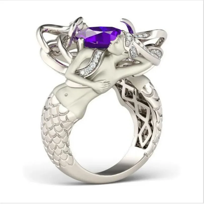 Handmade Lab Amethyst Mermaid Ring 925 Sterling Silver Party Wedding Ring for Women Bridal Anniversary Jewelry