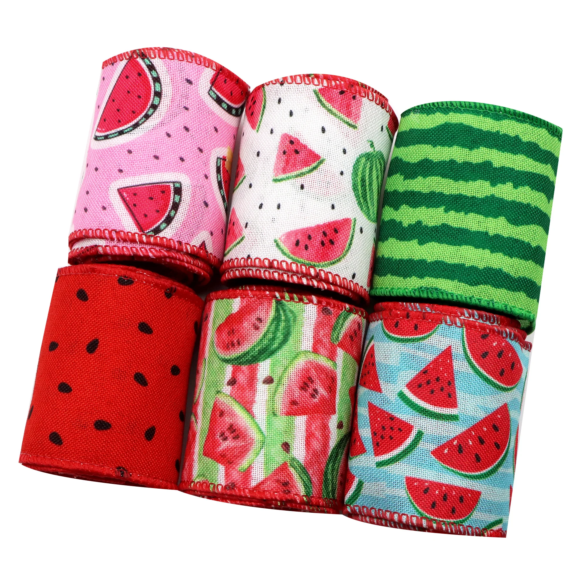 1 Rollo de Cinta Decorativa de Imitación de Arpillera con Borde de Alambre, Estampado de Sandía de Verano, 2.5 Pulgadas x 5 Yardas/rollo, para Decoración del Hogar y Manualidades