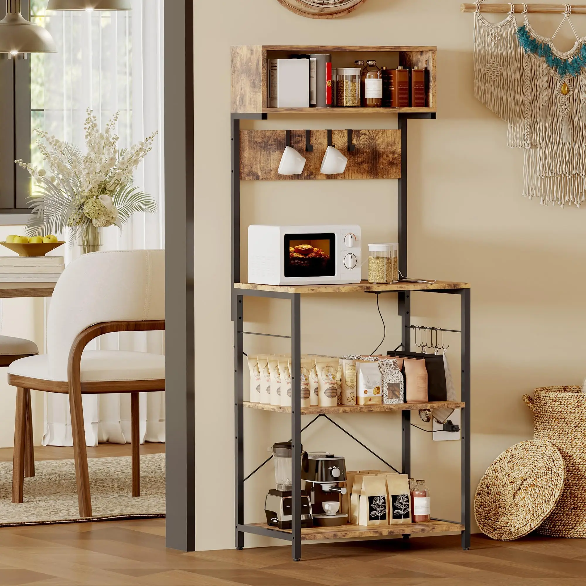 Baker's Rack For Kitchen With Outlet, 6-Tier Microwave Stand With Adjustable Shelves, 10 Hooks, Coffee Bar Storage