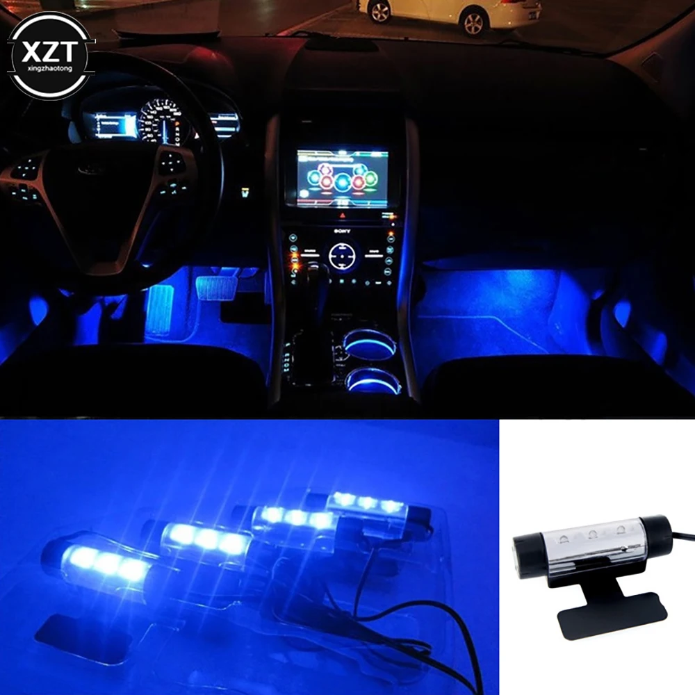 4-in-1 LED Car Foot Ambient Decorative Light Bar Blue Color Interior Auto Atmosphere Lamp Backlight 12V Accessories