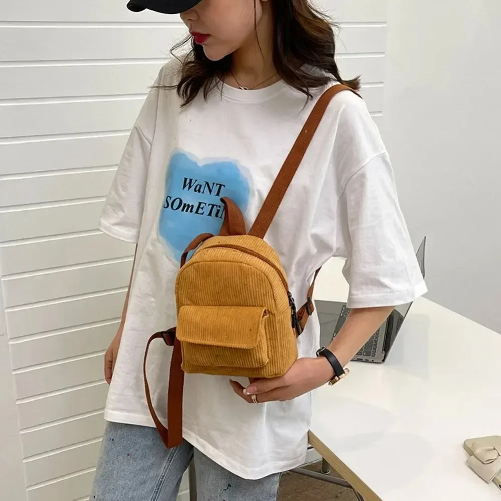 Fashion Women Mini Backpack Solid Color Corduroy Small Backpacks Simple Casual Student Bookbags Traveling Backpacks
