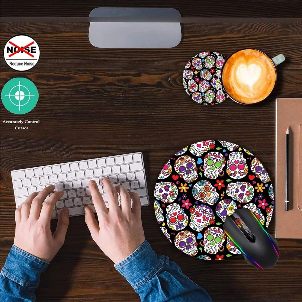 둥근 마우스 패드 및 컵받침 세트 - 죽은 자의 날 빈티지 슈가 스컬 디자인, 미끄럼 방지 고무 베이스, 맞춤 제작 가능