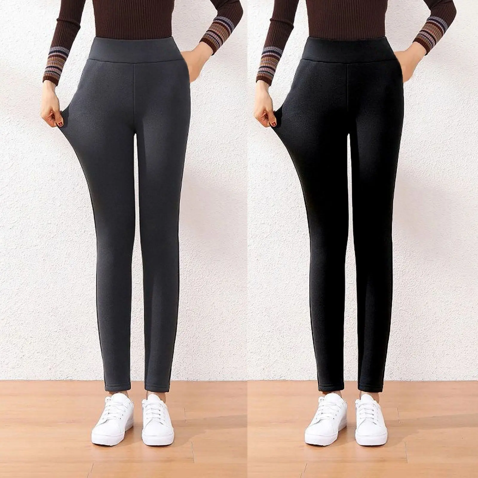 Women's Leggings Fleece-Lined Thick Lambskin Pencil Pants Black Gray Leggings Autumn Winter High Waist Tights Warm-Keeping Pants