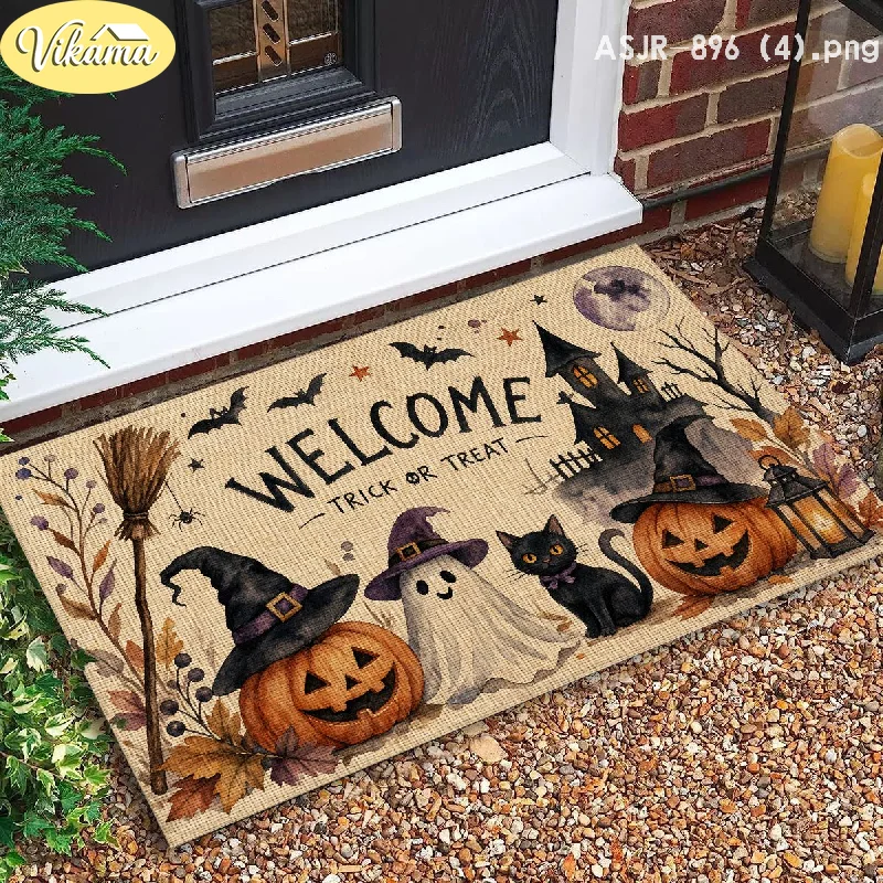 VIKAMA Halloween Doormat Welcome Pumpkin Witch Hat Ghost Black Cat Print Decorative Non Slip For Front Door Entryway Porch Decor