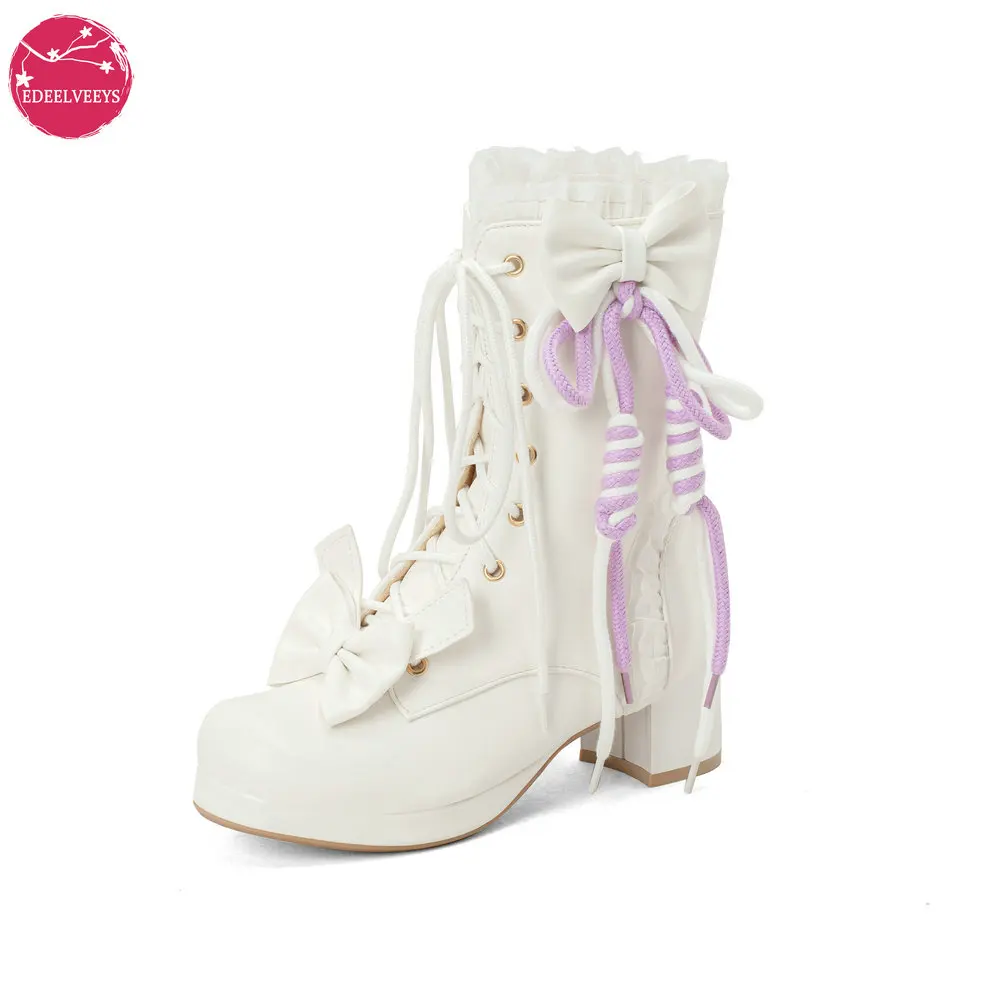 

5cm Chunky Heel PU Leather Sweet Strappy Lolita Short Boots Rope Knot Round Toe Platform Princess Kawaii Girls Tea Party Shoes