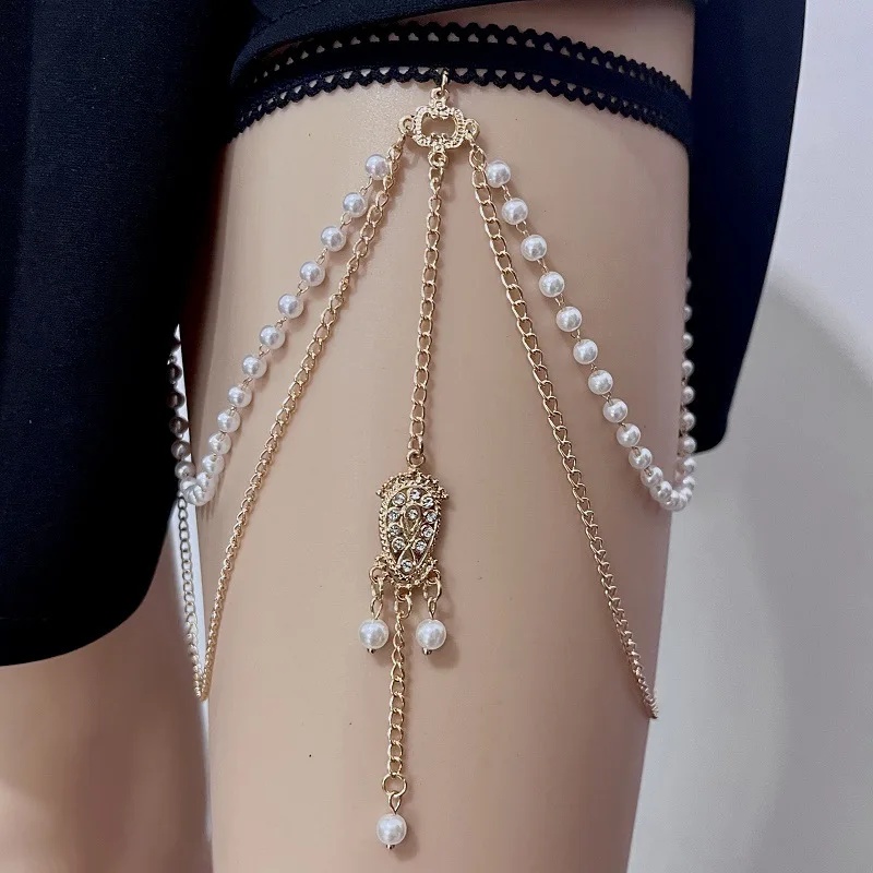 Beach elastic multi-layer pearl thigh chain women's fashion trend rhinestone leg chain tassel chain Sexy summer essential access