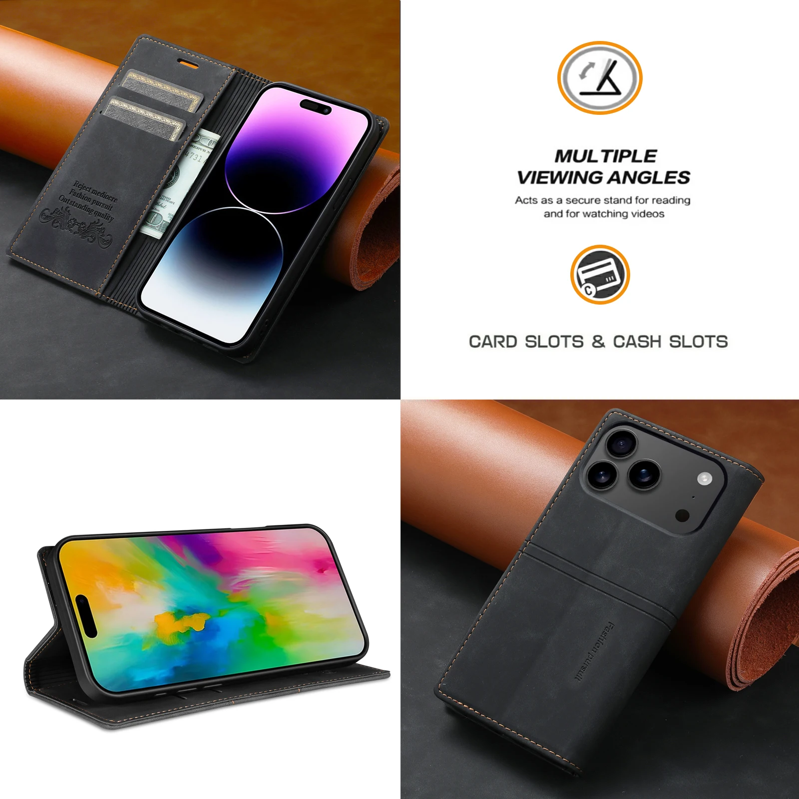 حافظة جلدية فاخرة لهاتف آيفون 17 Air 16E 16 15 14 13 11 12 Pro XS Max XR 8 7 Plus SE MWallet حامل بطاقات غطاء هاتف