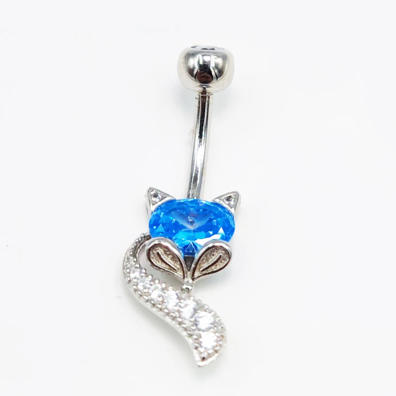 Blue Cubic Zircon Fox ShapeBelly Button Ring 14G 925 Sterling silver Dangle Belly Rings Belly Piercing  Navel Barbell Jewelry