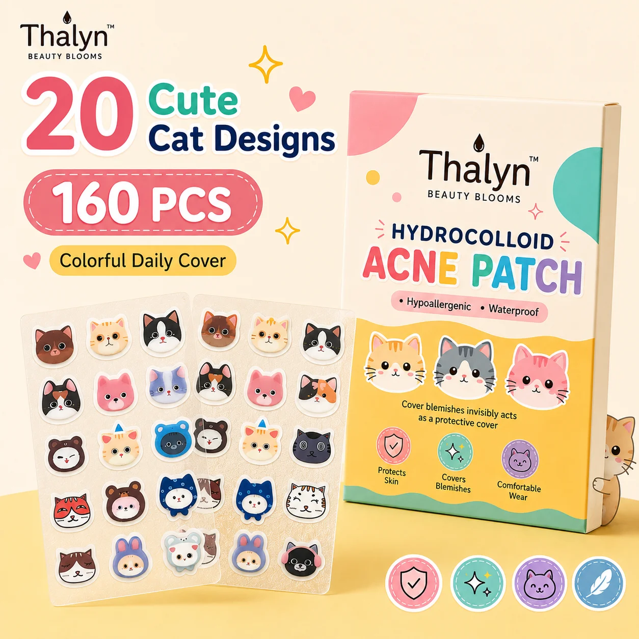160PCS Cartoon Cat Face Acne Patches Cute Pimple Cover Stickers Decorative Skin Care Patches for Makeup