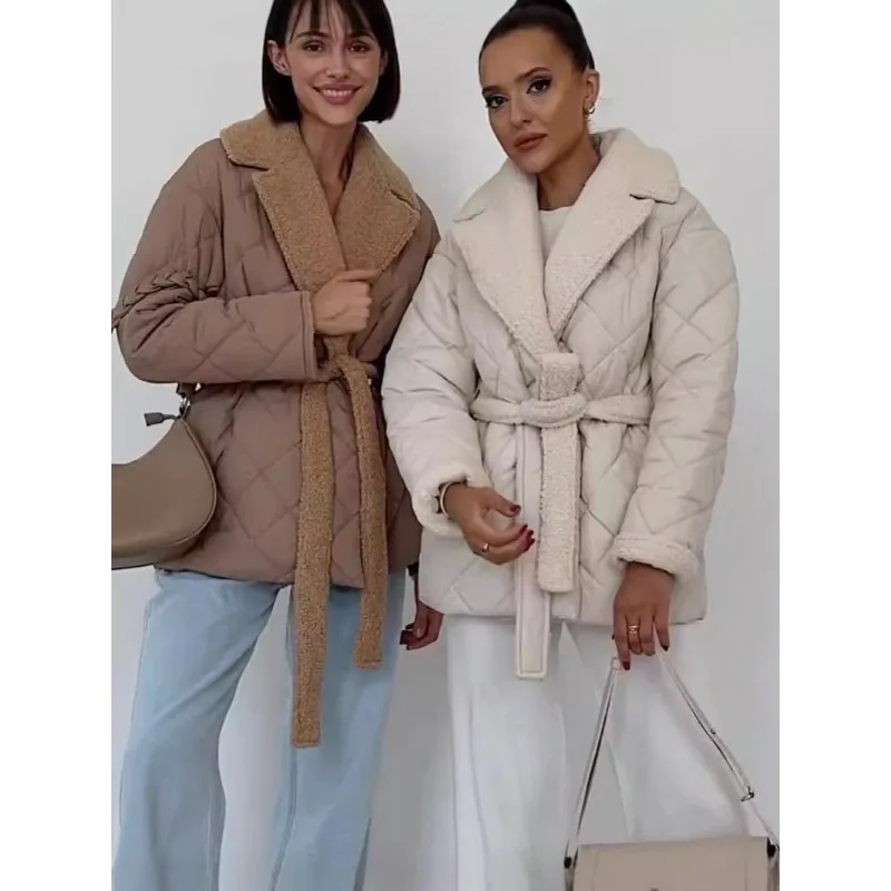 Women's clothing Winter New arrivals Patchwork Sequins Round neck Cotton coat Charming Diamond pattern Fitted waist Slimming