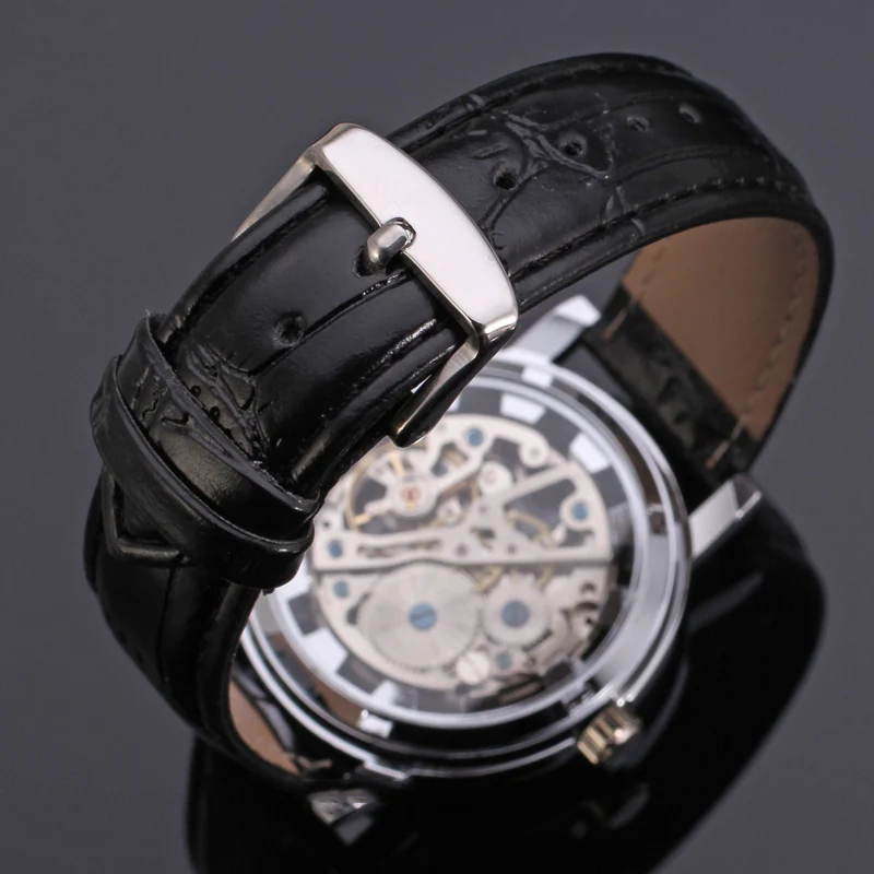 T-WINNER الكلاسيكية الجوف محفورة رجالي ساعات آلية حزام من الجلد الأرقام الرومانية مؤشرات مضيئة رجل الأعمال ساعات المعصم