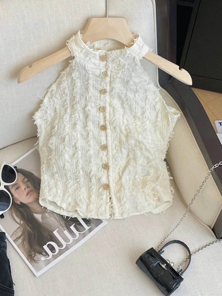 Ele Frangé rayé Ne suspendu Svel haut femmes été en plein air simple bouton sangle gilet français Sle ort longueur