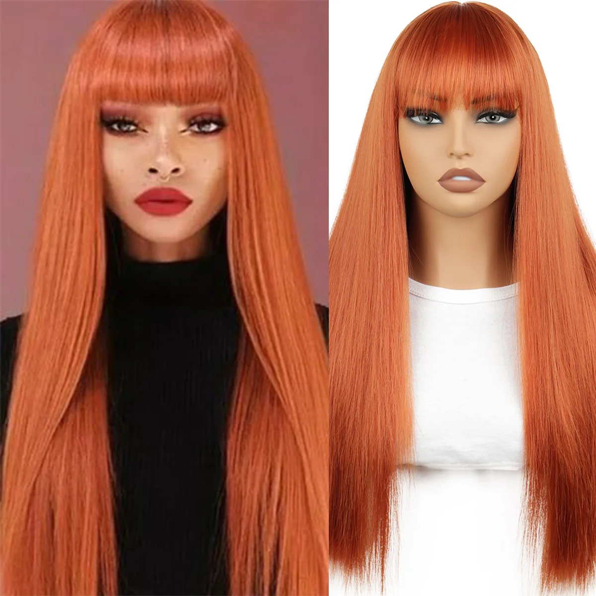 

Hot-selling orange wig female Qi bangs long straight hair cos chemical fiber full headgear wig