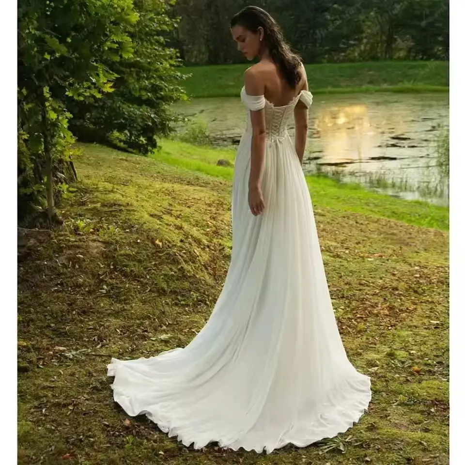 Bohemian Lace Strapless Chiffon Wedding Dress with Side Slit Off Shoulder Sweep Train Bridal Gowns Customized Vestido De Novia