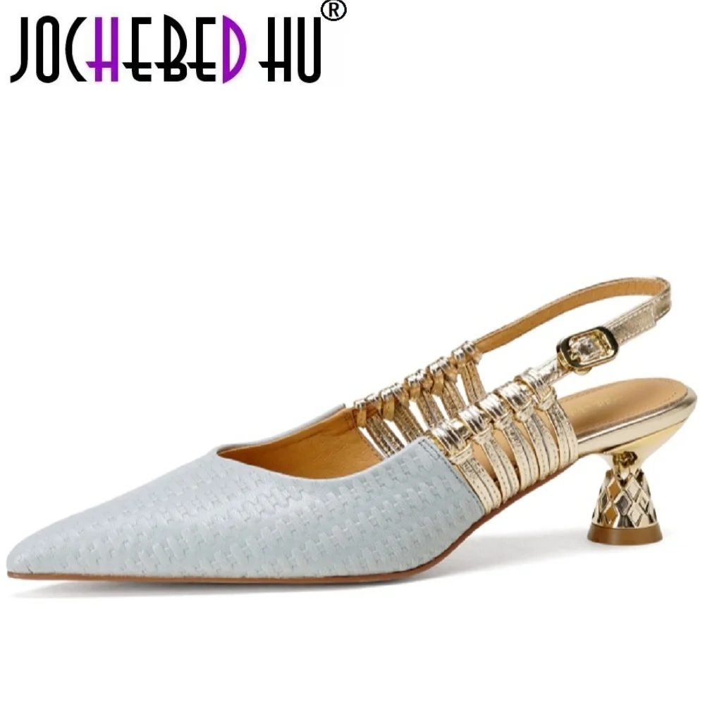 JOCHEBED HUWomen's Handmade Genuine Leather pointed toe Mid heel summer elegant ladies slim daily dress heeled sandals 34-40