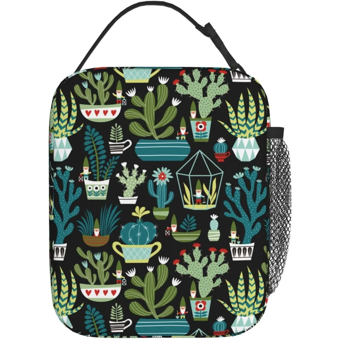 Cute Gnome Cactus Succulents Lunch Bag Portable Insulated Lunch Bag Reusable Cooler Totes For Women Men Adults Picnic Camping