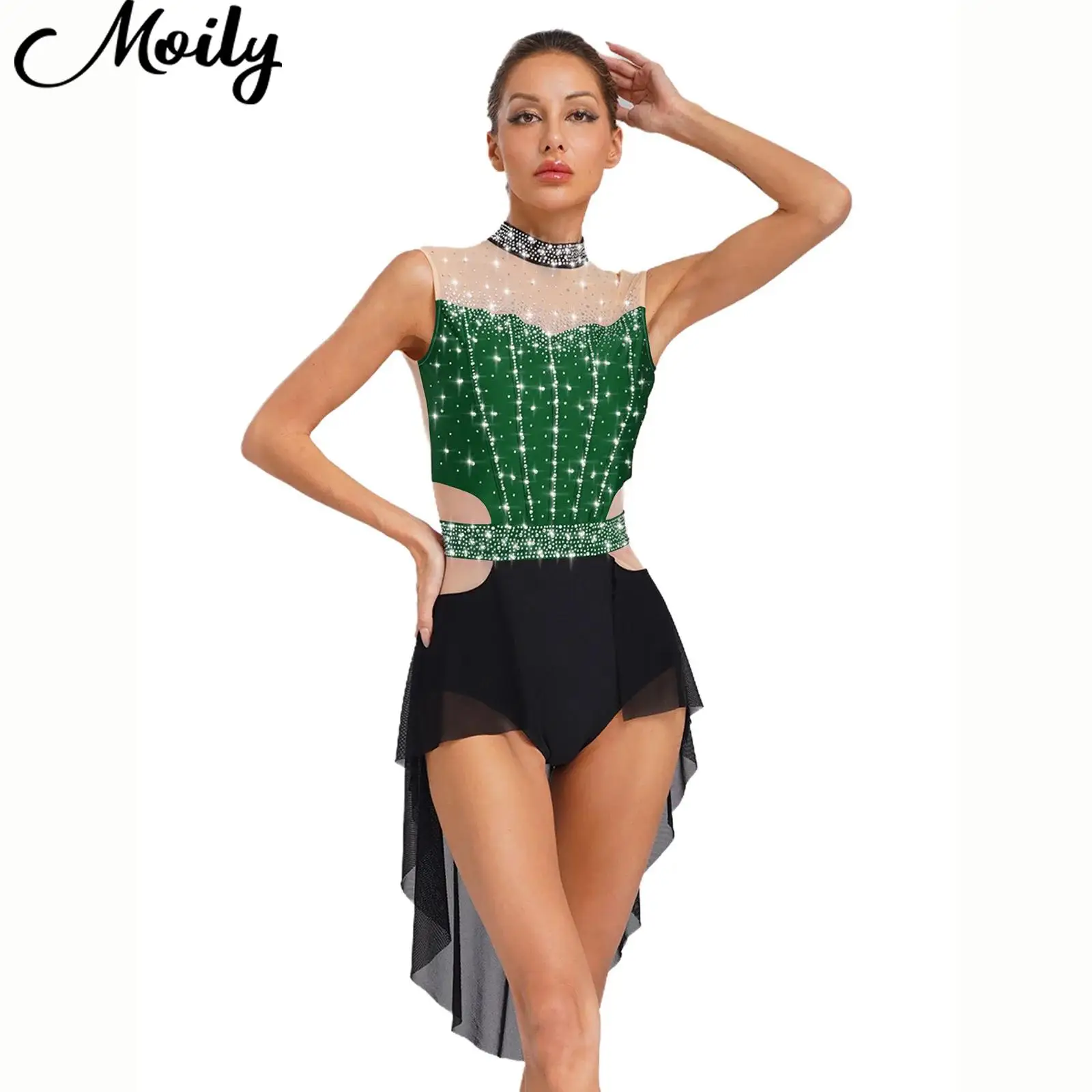 

Women Rhinestones Mesh Lyrical Dance Dress Sleeveless Backless Skirted Leotard Modern Contemporary Dance Clothes Shiny Dancewear