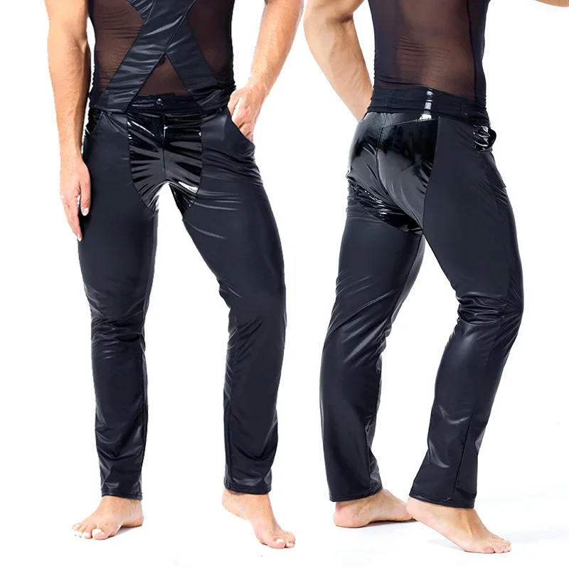 Men's Shiny Metallic Faux Leather Zipper Crotch Straight Leg Pants Long Trousers Motorcycle Party Performance Jeans Clubwear