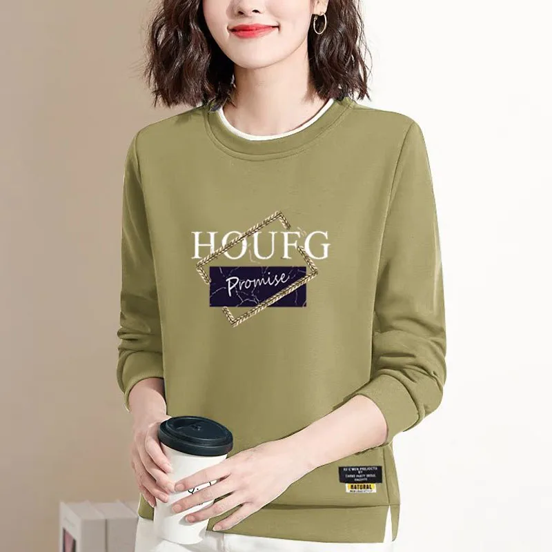 New Autumn Fashion Loose Trendy Round Neck Versatile Age Reducing Fleece Covering Long Sleeve Casual Style Letter Women\'s Sweate