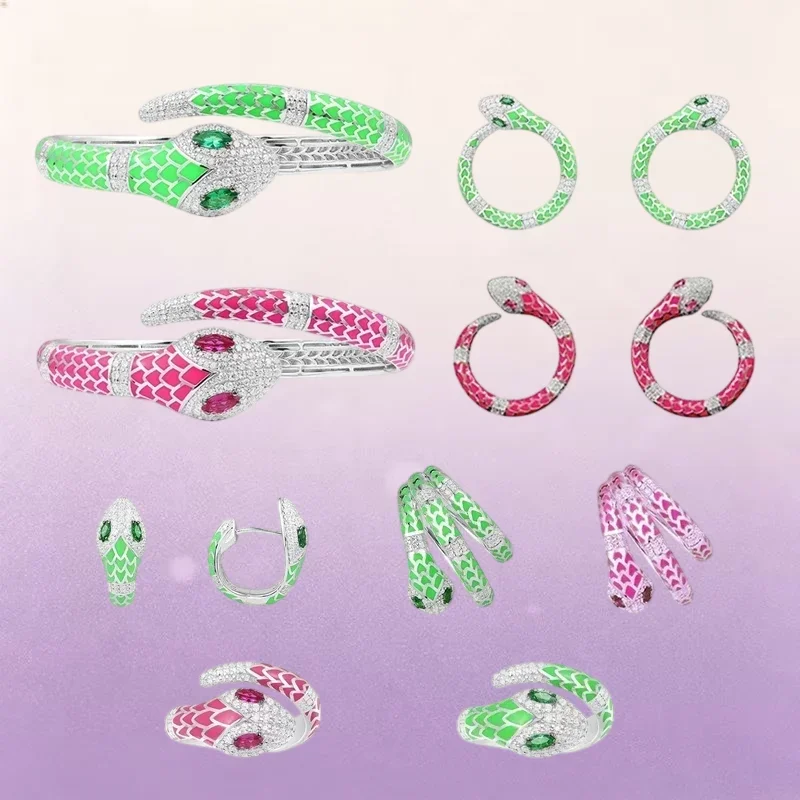 ZPFF S925 Sterling Silver Green Pink Snake Ring Earrings Bracelet Women Exaggerated Animal Luxury Banquet Fashion Party Jewelry